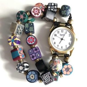 💜💙❤️ Colourful Beaded Watch w/ Gold-coloured Watch Frame (new battery needed)